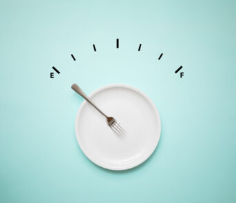 Empty plate of food with alert meter, hungry