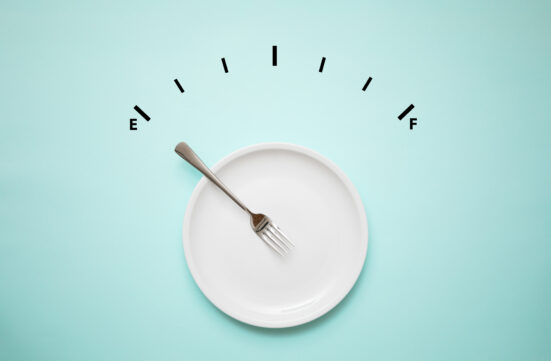 Empty plate of food with alert meter, hungry
